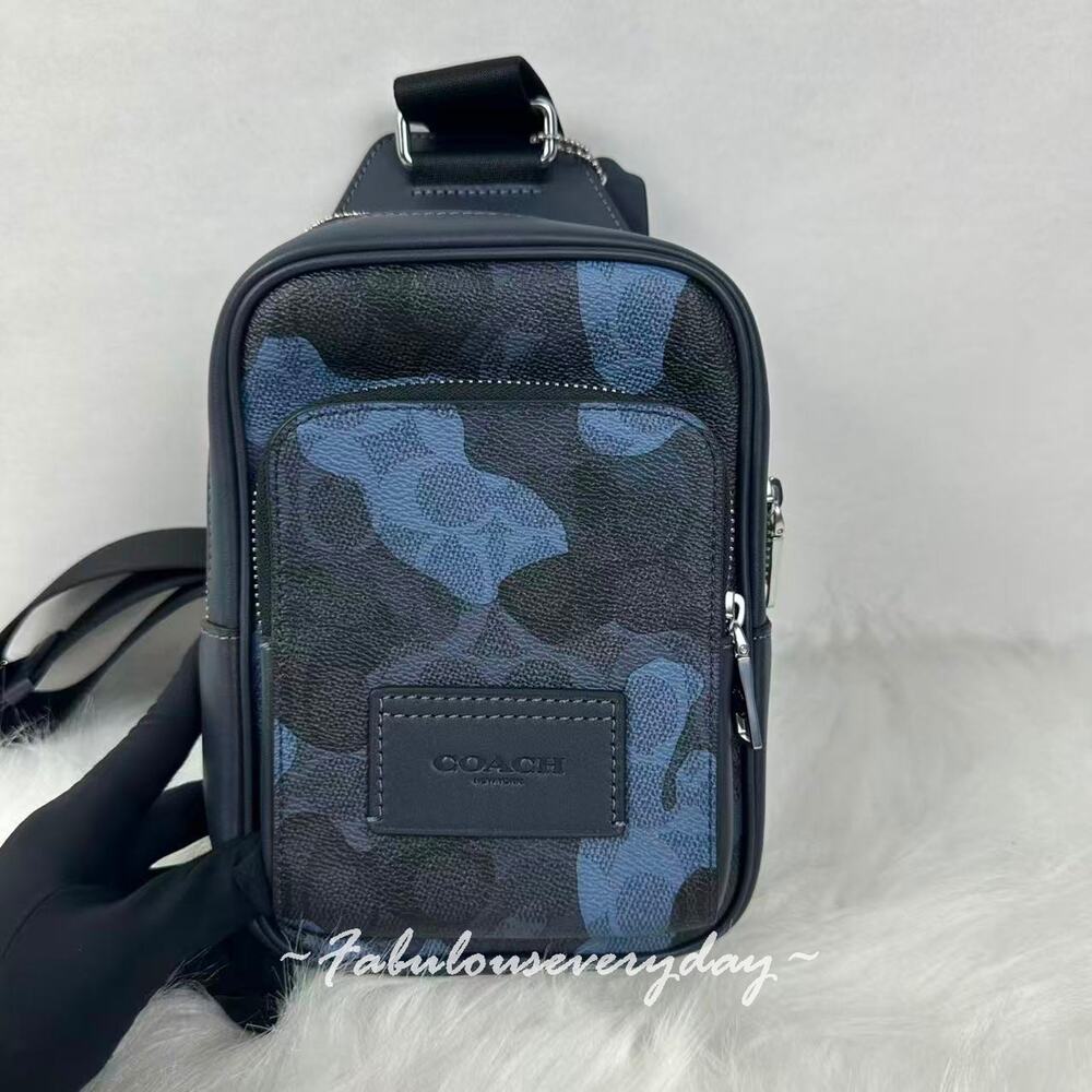 Coach Men's Racer Sling Pack In Signature Camo Print/Silver/Blue Multi CDC19 NWT